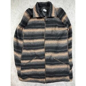 Tobi Womens Medium Poncho Coat Wool Blend Black Tan Gray Striped Full Zip Lined